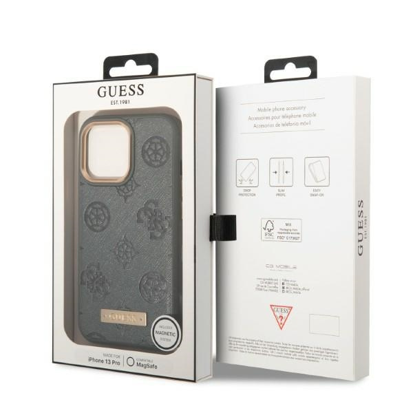 Telefontok Guess iPhone 13 Pro Max 6.7" szürke/szürke keménycase Peony Logo Plate MagSafe