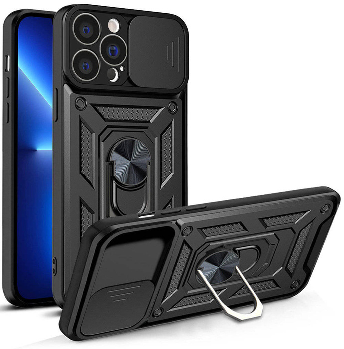 Coque Hybrid Armor Camshield pour iPhone 13 Pro coque blindée avec cache caméra noir