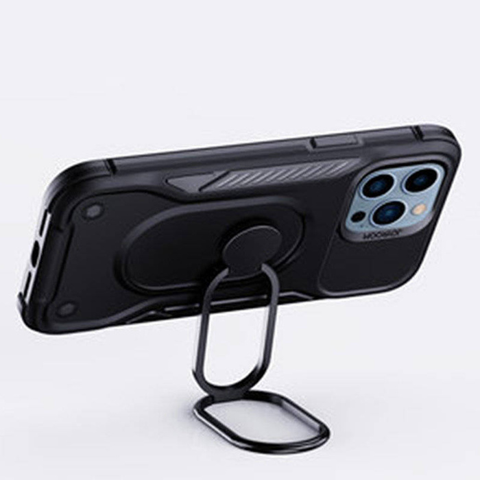 Joyroom Dual Hinge pour iPhone 14 Pro coque blindée avec un support et un porte-anneau noir