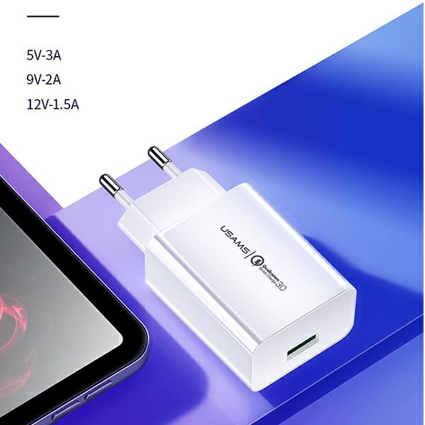 USAMS Charg. 1xUSB T22 18W 3A QC3.0 + kabel USB-C 1m weiß/weiß T48OCLN01