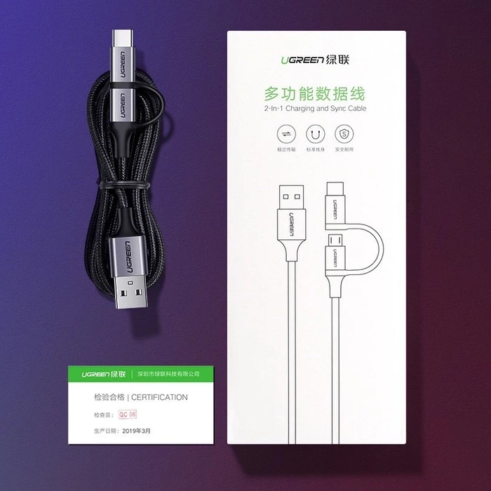 Ugreen cable 2in1 USB - micro USB / USB Type C cable 1m 2.4A black (30875)