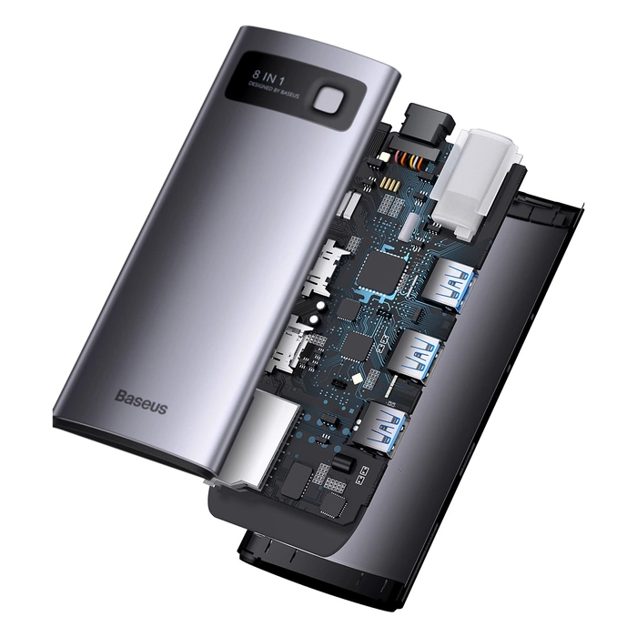 [RETURNED ITEM] Dokovací stanice 8-v-1 USB typu C HUB Baseus Metal Gleam Series – 2 x HDMI / 3 x USB 3.2 Gen. 1 / 1 x napájení / 1 x čtečka karet SD / 1 x čtečka karet TF šedá (WKWG050113)