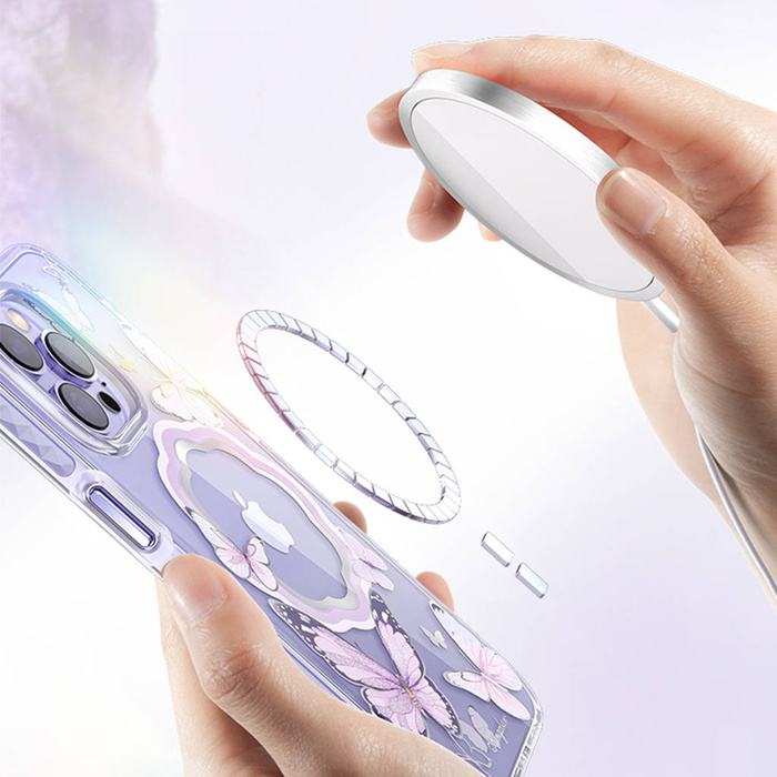 Custodia magnetica Kingxbar Butterfly Series per iPhone 14 Pro MagSafe decorata con una stampa di farfalle rosa