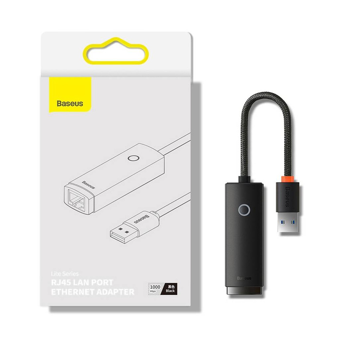 Externer USB-A-Netzwerkadapter der Baseus Lite-Serie – RJ-45 1 Gbit/s (1000 Mbit/s) schwarz (WKQX000101)