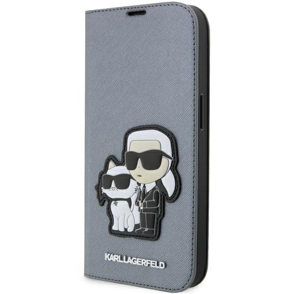 Hülle Karl Lagerfeld KLBKP14XSANKCPG iPhone 14 Pro Max 6,7" Buchcase silber/silber Saffiano Karl &amp; Choupette Case