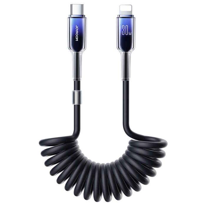 Joyroom S-A43 Crystal-Clear Series 30W USB-C – Lightning Spiralkabel 1,5 m – Schwarz