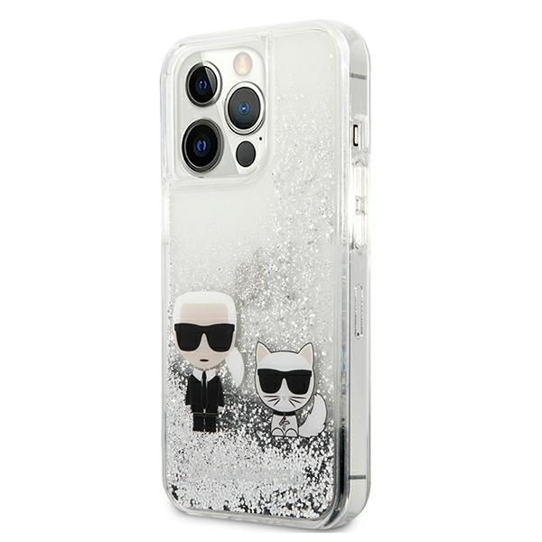 Puzdro KARL LAGERFELD Apple iPhone 13 Pro Max Liquid Glitter Karl &amp; Choupette Silver Hardcase