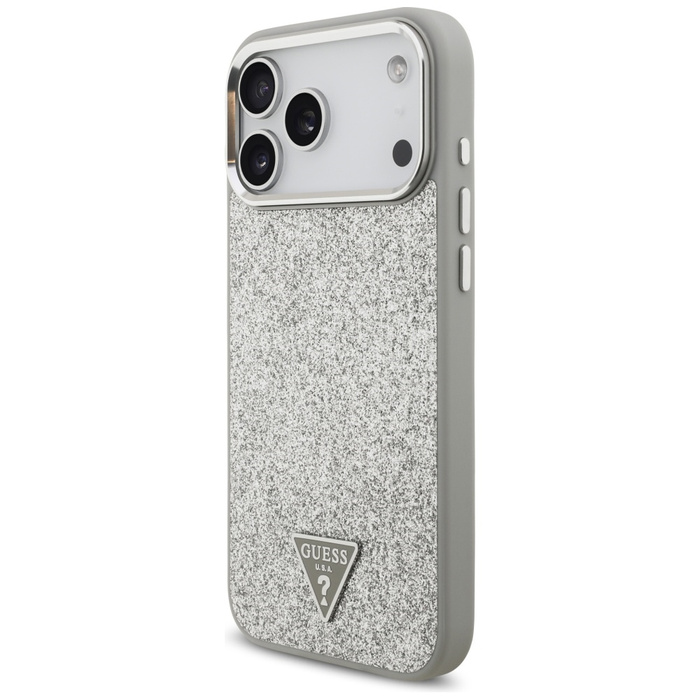 Etui Guess Glitter Triangle Logo MagSafe do iPhone 17 Pro Max srebrny