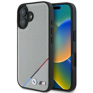 Case BMW iPhone 16 6.1" grey/grey hardcase M Perforated Tricolor Line MagSafe