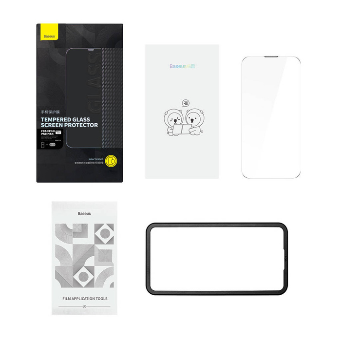 Vidrio templado de pantalla completa Baseus para iPhone 14 Pro Max con cubierta de altavoz 0.3 mm + marco de montaje