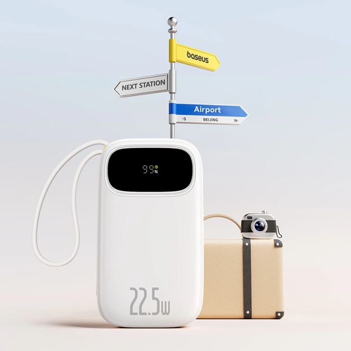 Powerbank Baseus EnerFill FC31 20000mAh 22.5W z wyświetlaczem cyfrowym i 2 wbudowanymi kablami (USB-C + Lightning) - biały