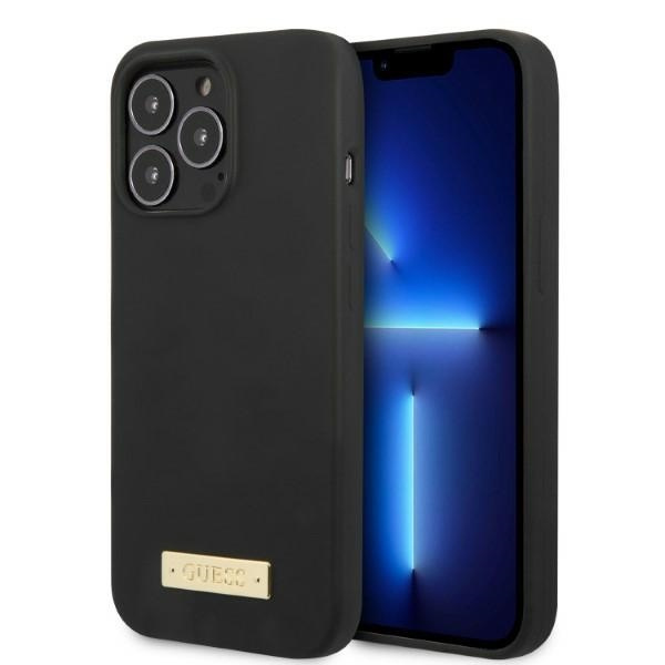 Hülle GUESS Apple iPhone 13 Pro Max Silikon Logo Platte MagSafe Schwarz Hartcase