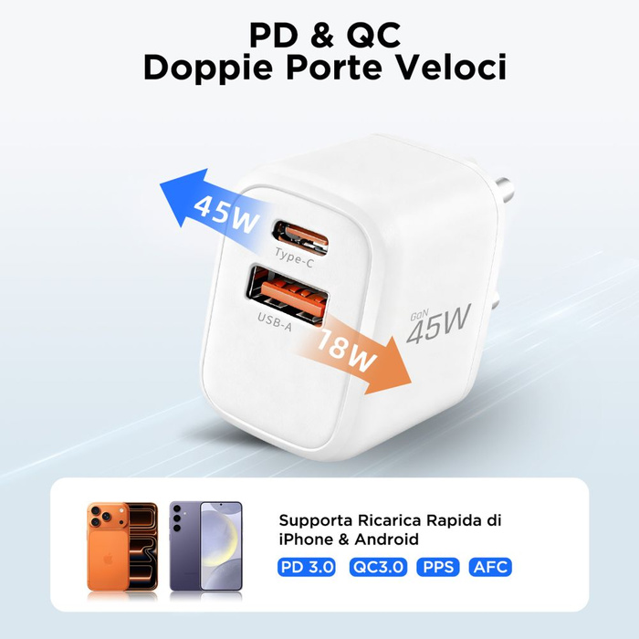 TECH-PROTECT NCA45W-GAN 2-PORT NETWORK CHARGER PD 45W / QC3.0 + LIGHTNING CABLE WHITE