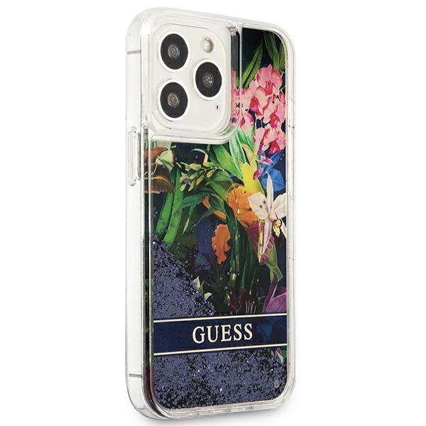 Case GUESS Apple iPhone 13 13 Pro Flower Liquid Glitter Blue Hardcase