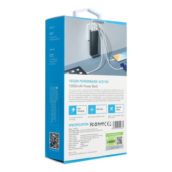 Powerbank Veger ACE100 (W1146) PD QC3.0 20W 10000 mAh czarny