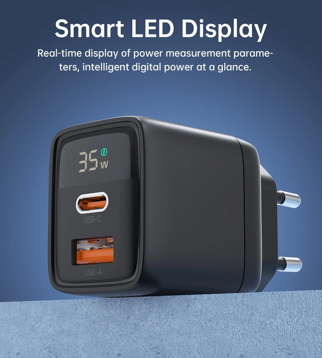 Choetech PD6052 USB-C USB-A PD 35W GaN nástěnná nabíječka s displejem - černá