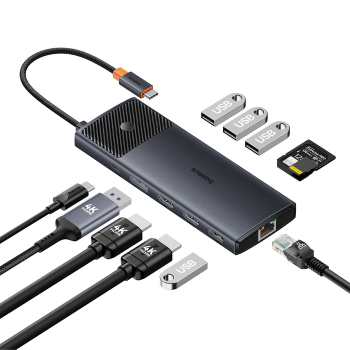 HUB USB 11in1 Baseus Metal Gleam Serie II USB-A/USB-C PD/HDMI/DP/RJ45/SD/TF - nero