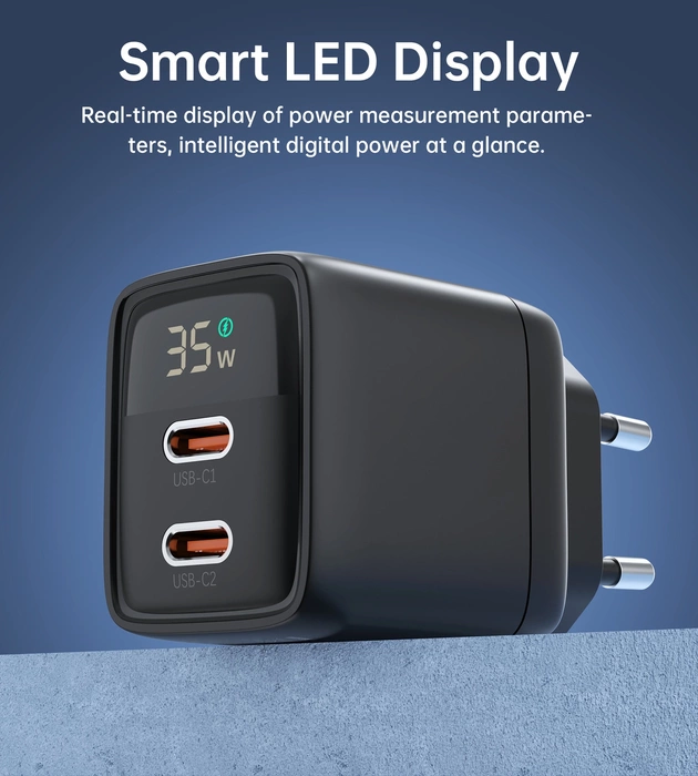 Choetech PD6051 USB-C USB-C PD 35W GaN nástěnná nabíječka s displejem - černá