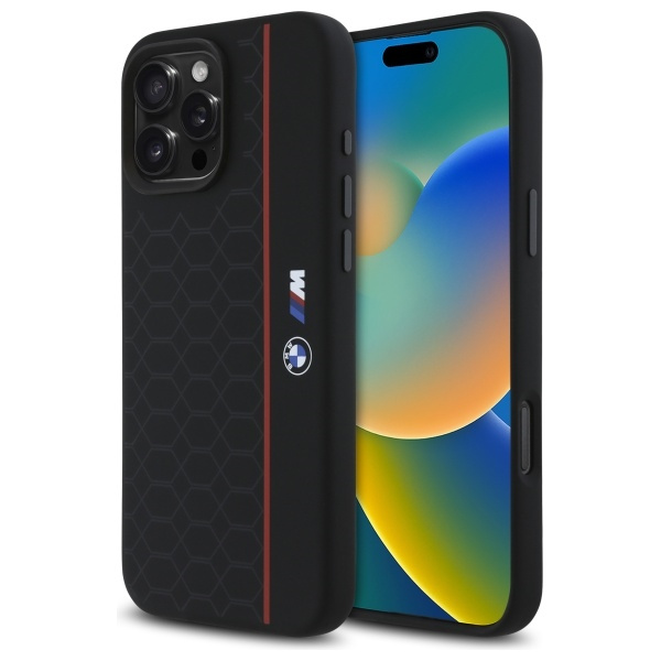 Cover BMW iPhone 16 Pro Max nero/nero hardcase Silicone Hexagon Red Line MagSafe