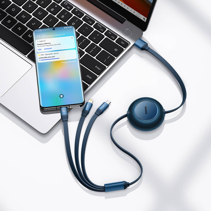 Baseus Bright Mirror 2 cable retráctil 3en1 USB tipo A - micro USB + Lightning + USB tipo C 66W 1,1m azul (CAMJ010103)