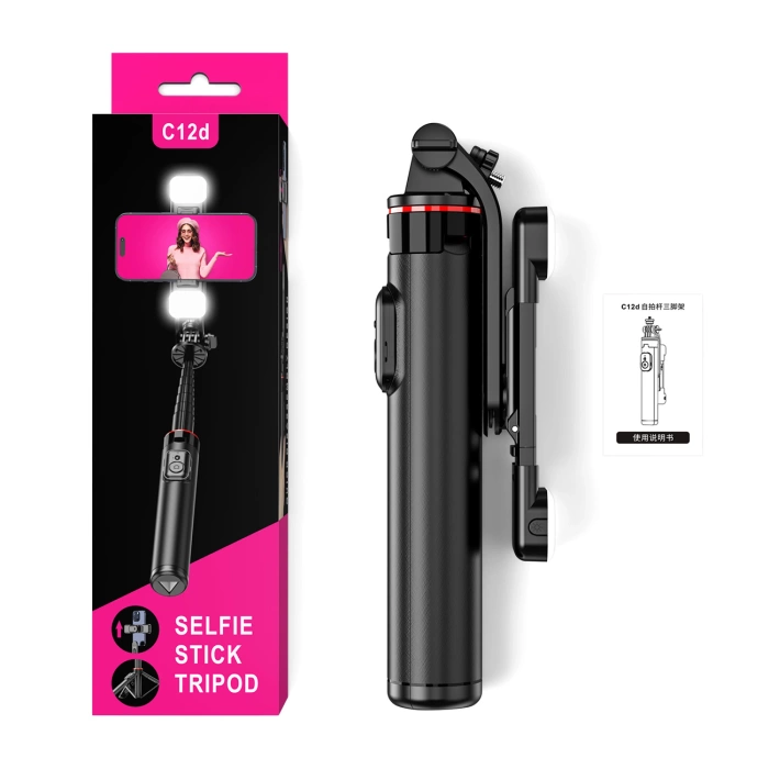 Selfie stick WC12YDS 1.3m aluminum alloy telescopic tripod with dual lamp and phone holder - black