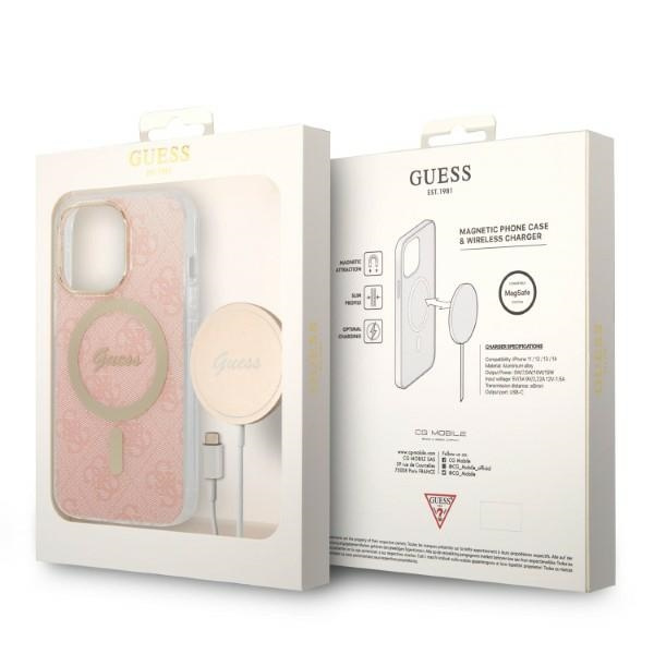 Kit Coque Guess Case+ Chargeur iPhone 13 Pro rose/rose dur case 4G Print MagSafe