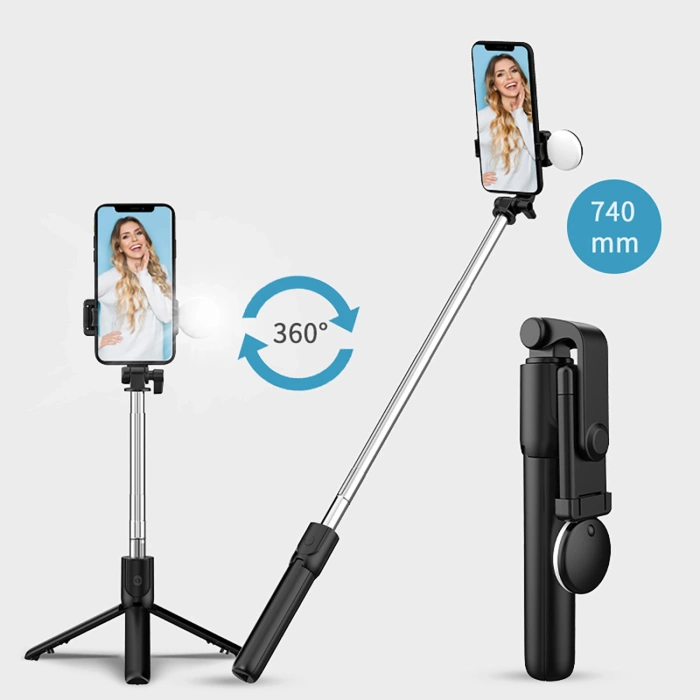 Selfie-Stick WR1YXS Teleskopstativ 0,71 m mit runder Lampe – Schwarz