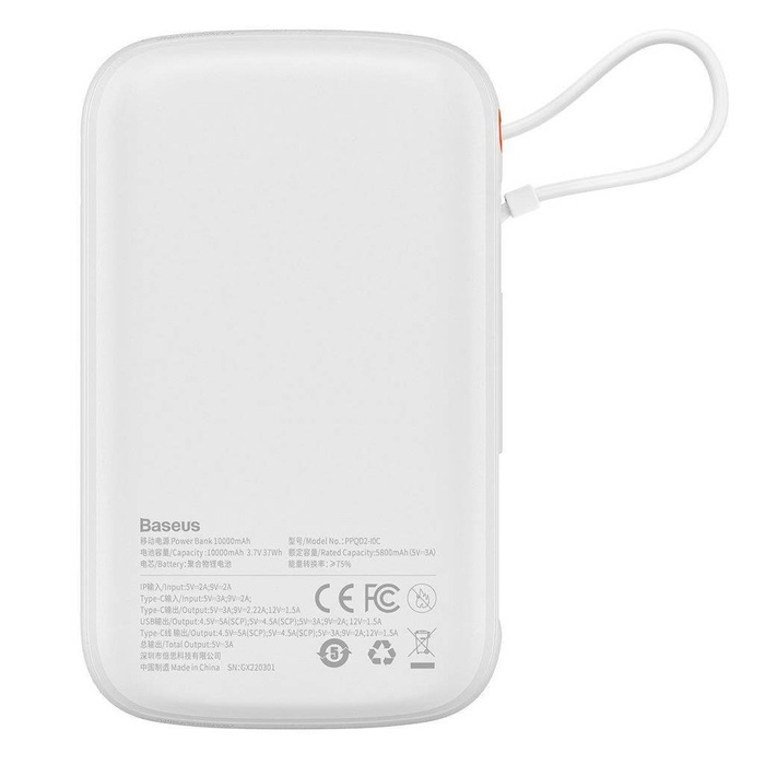 Baseus Qpow Digital Display powerbank with fast charging 10000mAh 22.5W QC/PD/SCP/FCP with built-in USB-C cable white