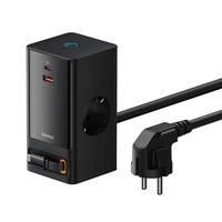 Baseus PowerCombo Ladestation 65W 1,5m 2 x EU + USB-A + USB-C + einziehbares USB-C-Kabel - Schwarz