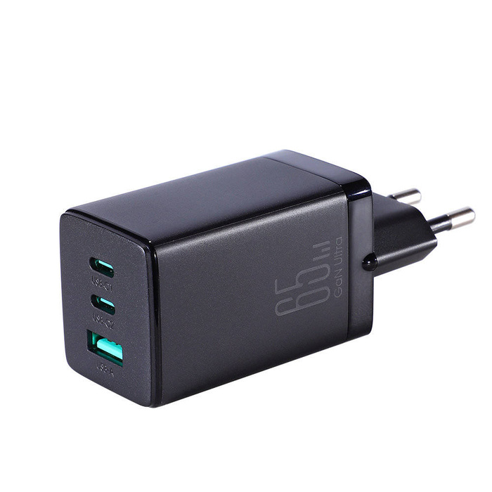 Cargador rápido Joyroom GaN 65W USB, 2x USB C negro + cable USB C - USB C 100W 1.2m (TCG01)