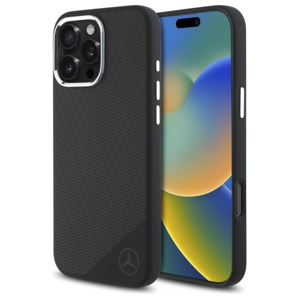 Etui Mercedes iPhone 16 Pro Max 6.9" czarny/black hardcase Silicone Tonal Logo Wood Pattern MagSafe