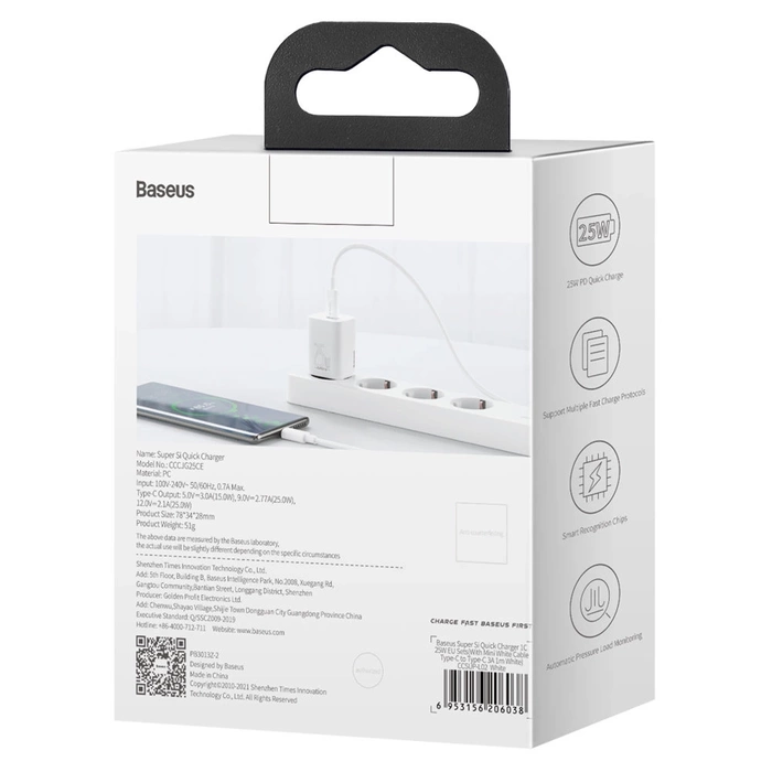 Rychlá nabíječka Baseus Super Si 1C USB Type C 25W Power Delivery Quick Charge bílá (CCSP020102)