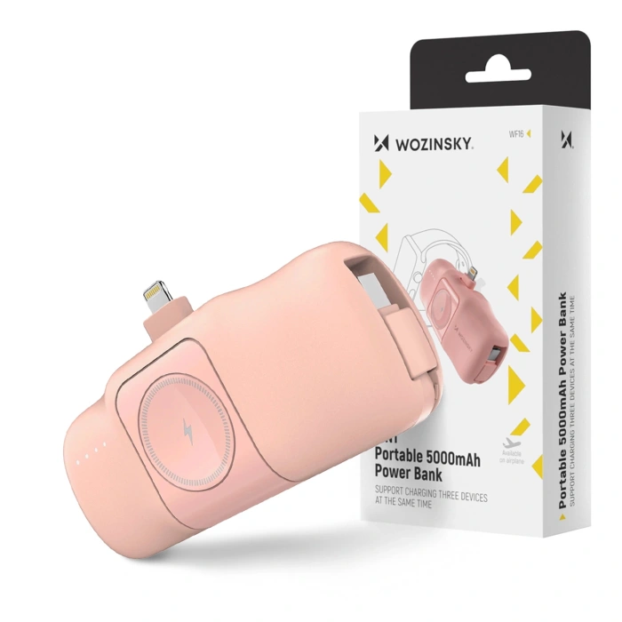 Mini powerbank Wozinsky WF16-YLS 5000mAh 15W Lightning z wbudowanym kablem USB-C i ładowarką do Apple Watch - różowy