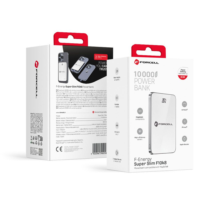 Powerbank zgodny z MagSafe Forcell F-Energy SuperSlim F10K8 QC4.0 PD3.0 15W 10000 mAh biały 0INT