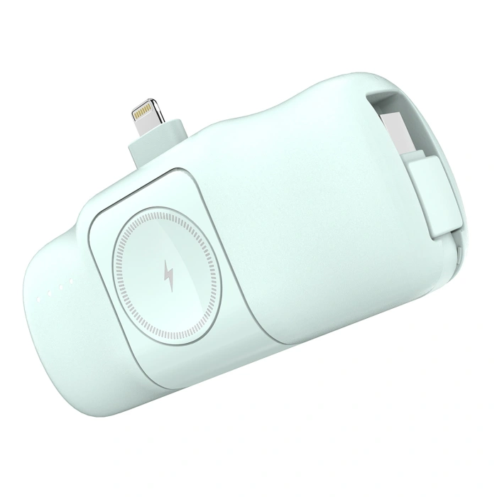 Mini powerbank Wozinsky WF16-YLS 5000mAh 15W Lightning z wbudowanym kablem USB-C i ładowarką do Apple Watch - zielony