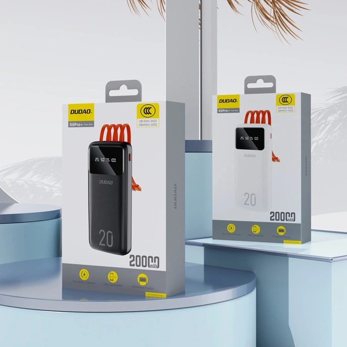 Dudao pojemny powerbank z 3 wbudowanymi kablami 20000mAh USB Typ C + micro USB + Lightning biały (Dudao K6Pro+)