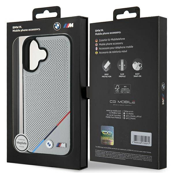 Case BMW iPhone 16 6.1" grey/grey hardcase M Perforated Tricolor Line MagSafe
