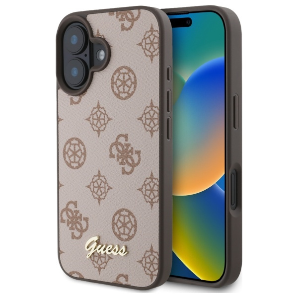 Etui Guess iPhone 16 brązowy/brown HC MagSafe PU Peony Script