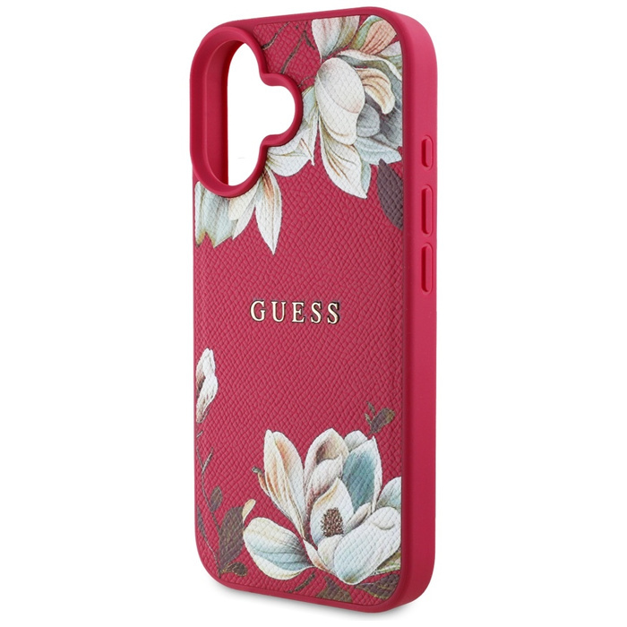 Etui Guess Grained Printed Flower         Pattern MagSafe do iPhone 16 fuksja