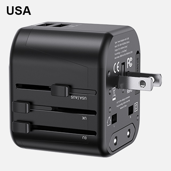 Nabíječka USAMS. 2xUSB T55 12W adaptér 4v1 US/AU/EU/UK černý/černý CC173TC01 (US-CC173) Cestovní nabíječka Univesal