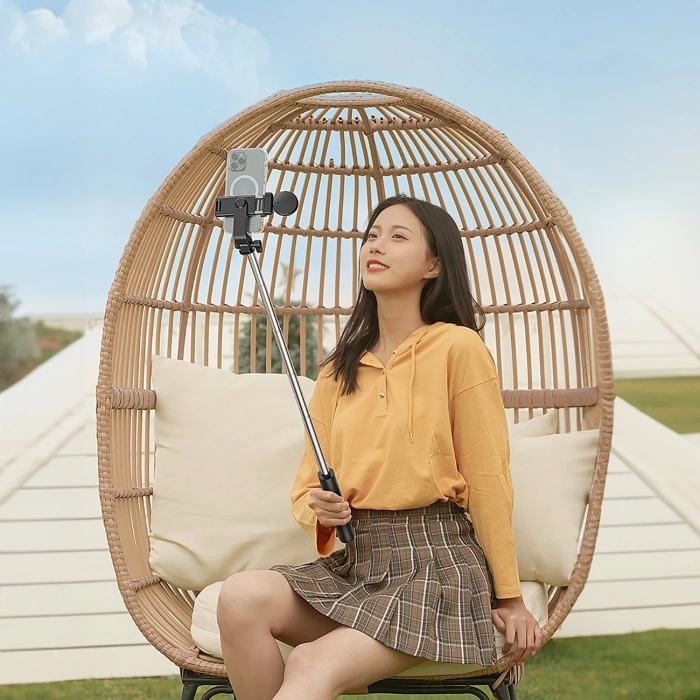 Selfie-Stick WH1YXS Teleskopstativ 1 m mit runder Lampe und Telefonhalter – Schwarz