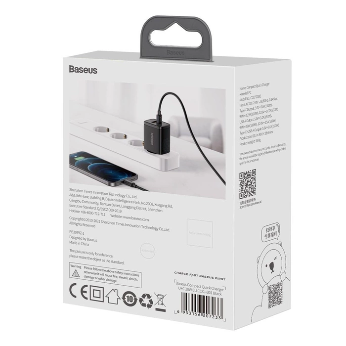 Baseus Compact quick charger USB Type C / USB 20 W 3 A Power Delivery Quick Charge 3.0 black (CCXJ-B01)