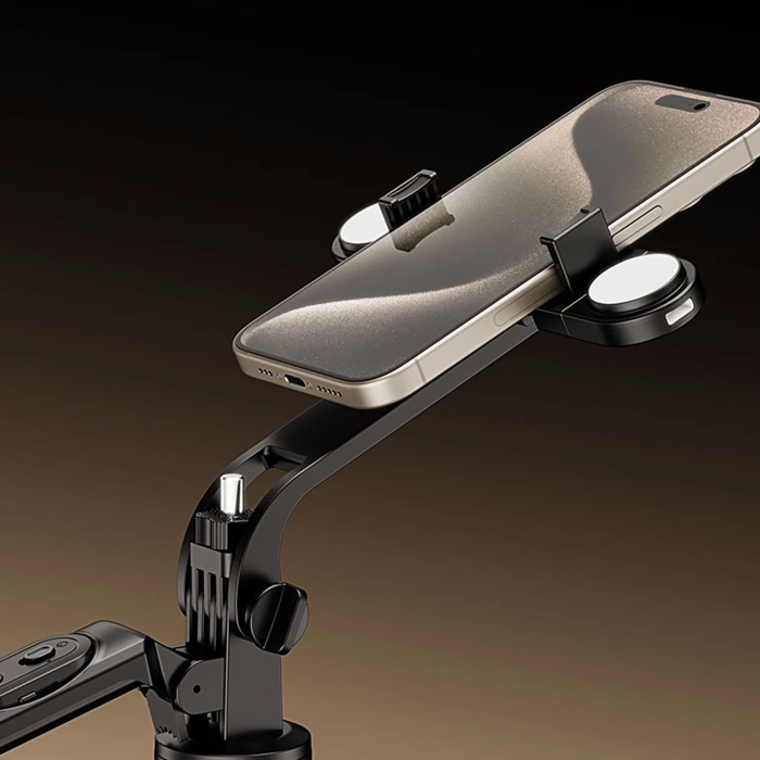 Selfie Stick WH181D-Y1S Teleskopstativ 1,75 m aus Aluminiumlegierung mit Dual-Licht und Telefonhalter – Schwarz