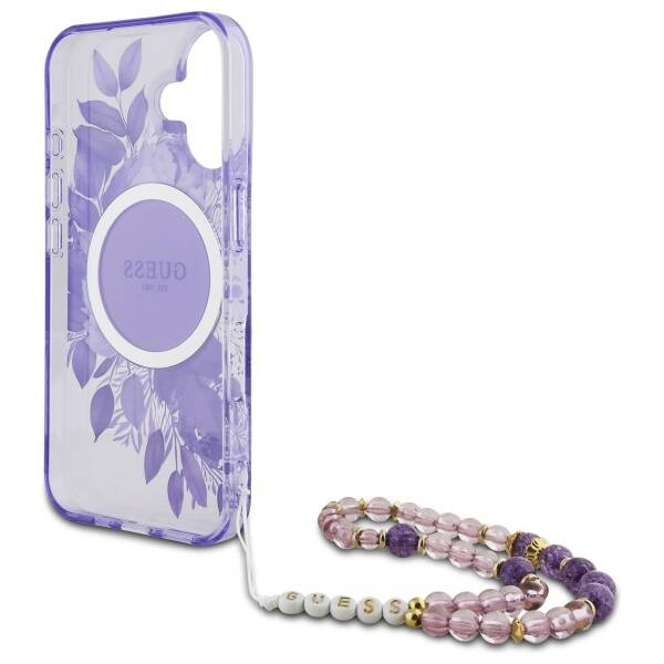 Etui Guess iPhone 16 6.1" fioletowy/purple hardcase IML Flowers With Pearl Strap MagSafe