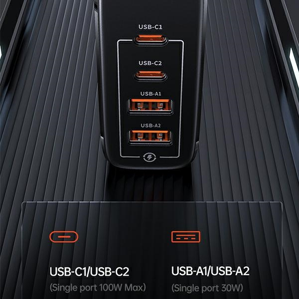 USAMS Netzwerk-Ladegerät. 2xUSB-C+2xUSB T44 100W (nur Kopf) PD3.0 +QC3.0 Fast Charging schwarz/schwarz CC145TC01 (US-CC145)