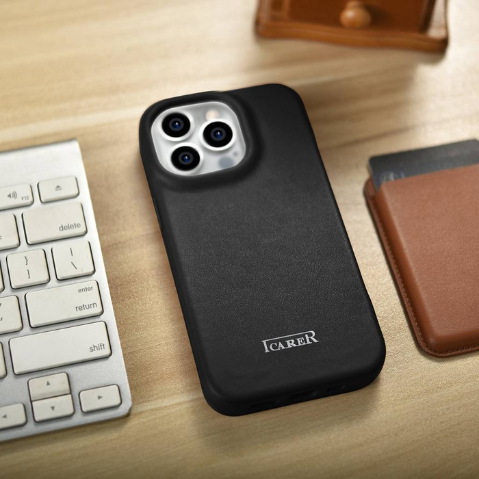 iCarer CE prémiové kožené pouzdro Folio iPhone 14 Pro Flip Magnetic MagSafe Black (WMI14220714-BK)