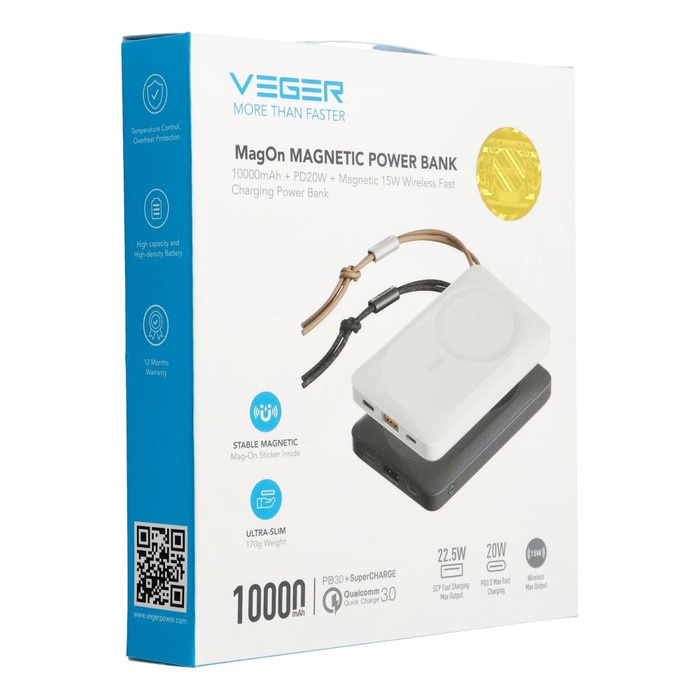 Powerbank zgodny z MagSafe Veger MagOn (VP1151 / W1151) PD QC3.0 2A 20W z ładowaniem indukcyjnym 10000 mAh biały