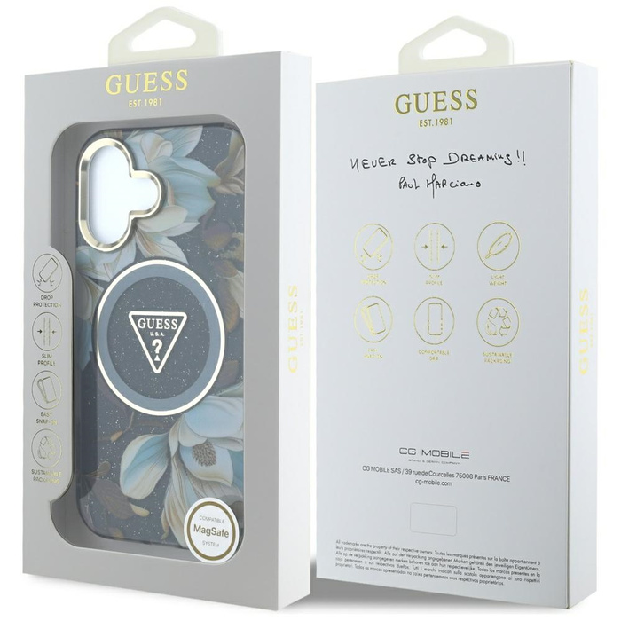 Etui Guess Glitter Flowers Triangle       Buttons MagSafe do iPhone 16 czarny