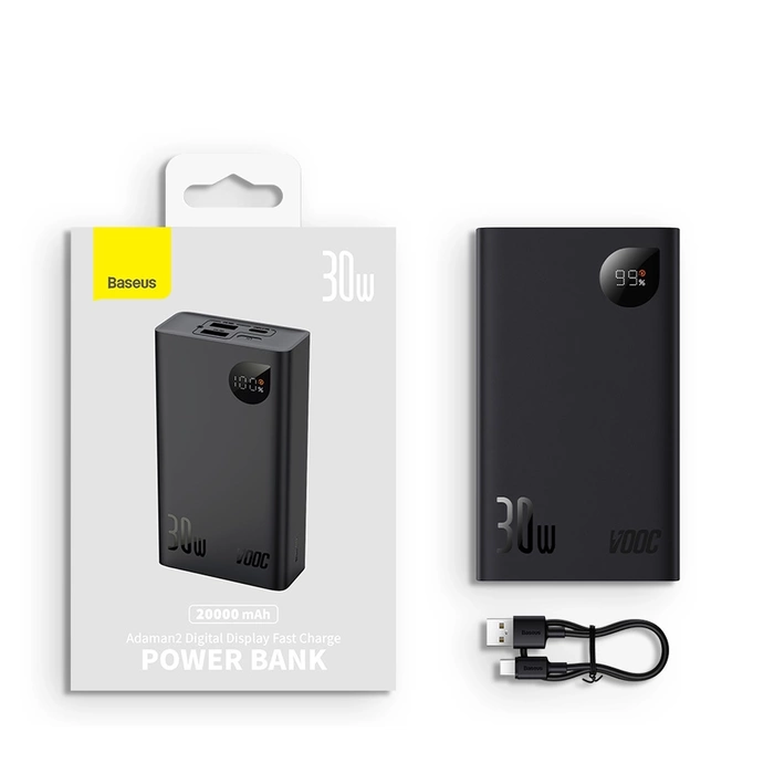 Baseus Adaman2 Powerbank mit bildschirmem digital 20000mAh 30W 2 x USB / 1x USB Typ C Power Delivery Quick Charge SCP, Oppo Super VOOC schwarz (PPAD050101)