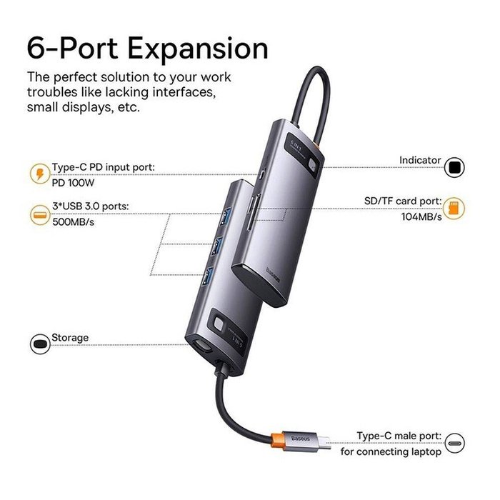 Baseus Metal Gleam Series 6 in 1 HUB Docking Station USB tipo C - 3 x USB 3.2 Gen.1 / 1 x Power Delivery / 1 x lettore di schede SD / 1 x lettore di schede TF grigio (WKWG030213)